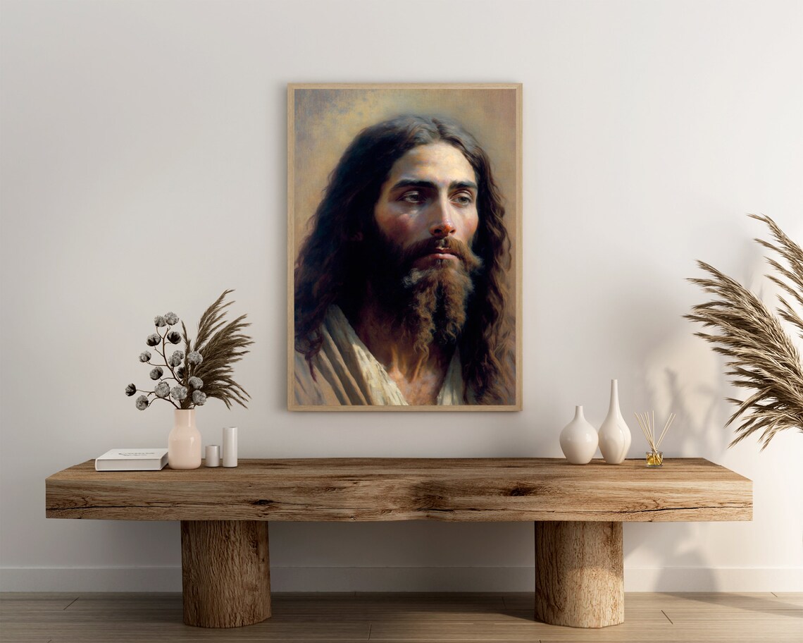 Jesus Christ Portrait Long Brown Hair Beard White Robe Sacred Art Poster - Image 3