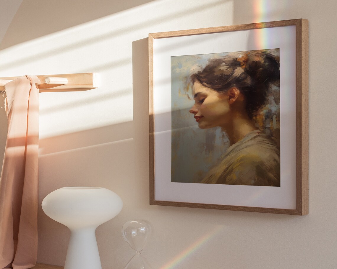 Woman Profile Portrait Orange Flower Gold Shawl Oil Painting Poster - Image 3