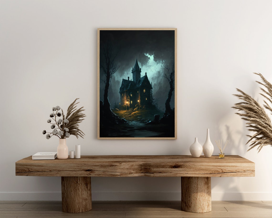 Haunted Gothic Mansion Night Stormy Sky Lit Windows Art Poster - Image 3
