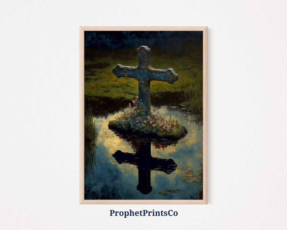 Ancient Stone Cross on Flower Island Mirror Reflection Art Poster