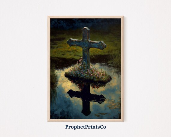 Ancient Stone Cross on Flower Island Mirror Reflection Art Poster