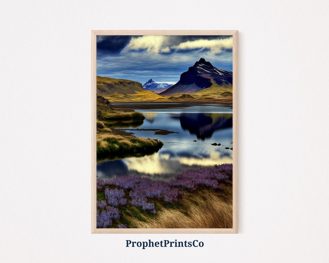 Snowy Peaks Reflected in a Still Lake With Purple Heather Art Poster