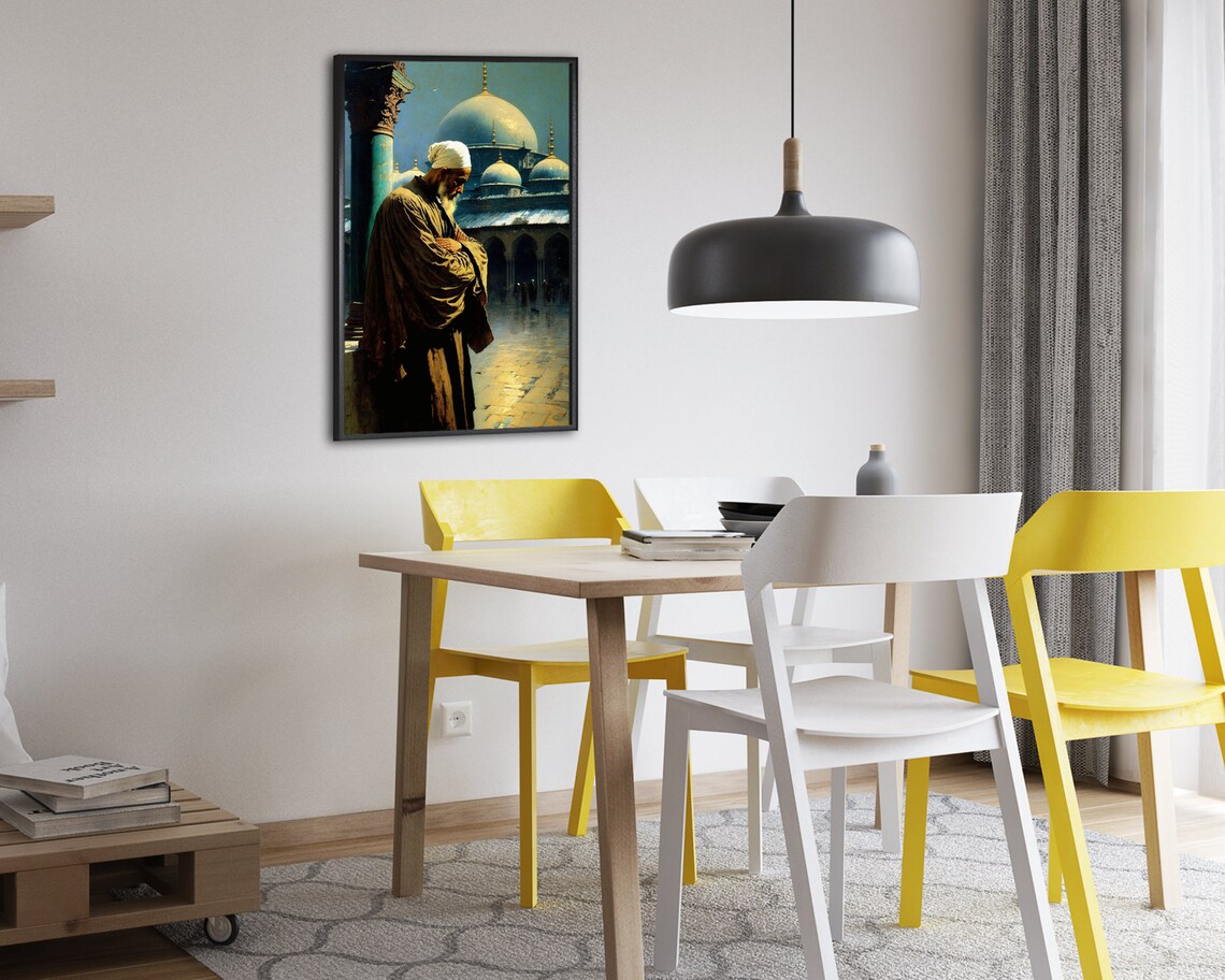 Old Man in Turban Poster Prayer Before Mosque Courtyard Oil Painting - Image 2