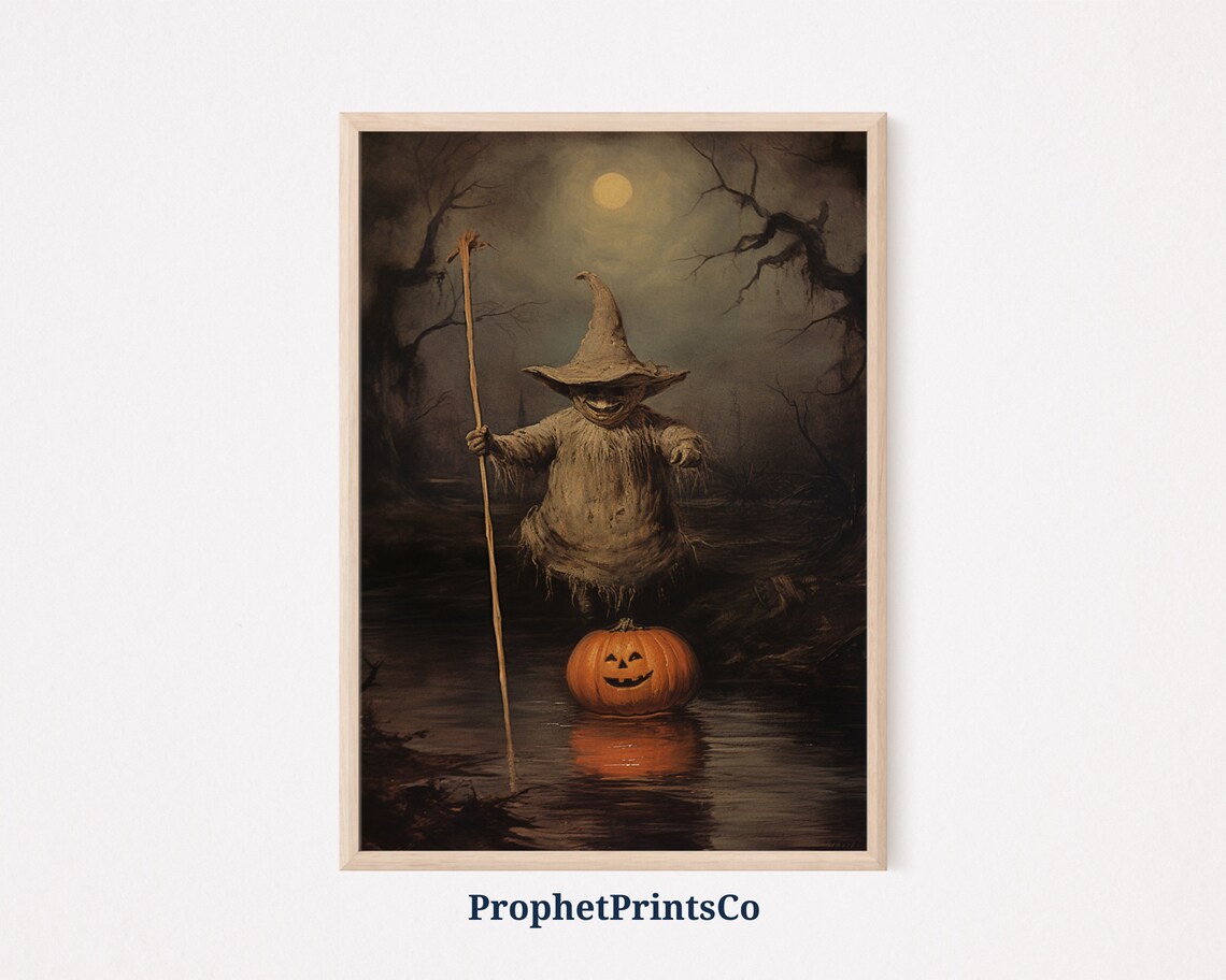Spooky Witch Figure On Pumpkin Moonlit Swamp Halloween Poster