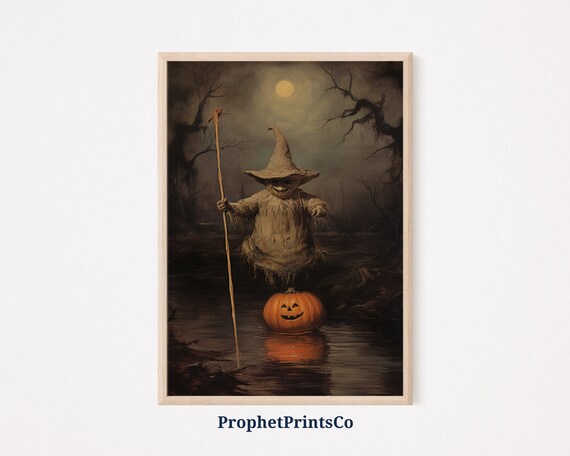 Spooky Witch Figure On Pumpkin Moonlit Swamp Halloween Poster