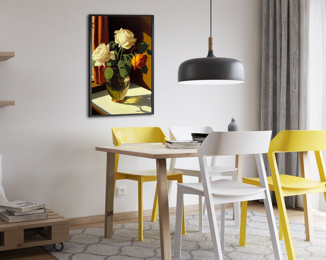 White And Orange Roses In Glass Vase Sunlit Window Still Life Poster - Image 2