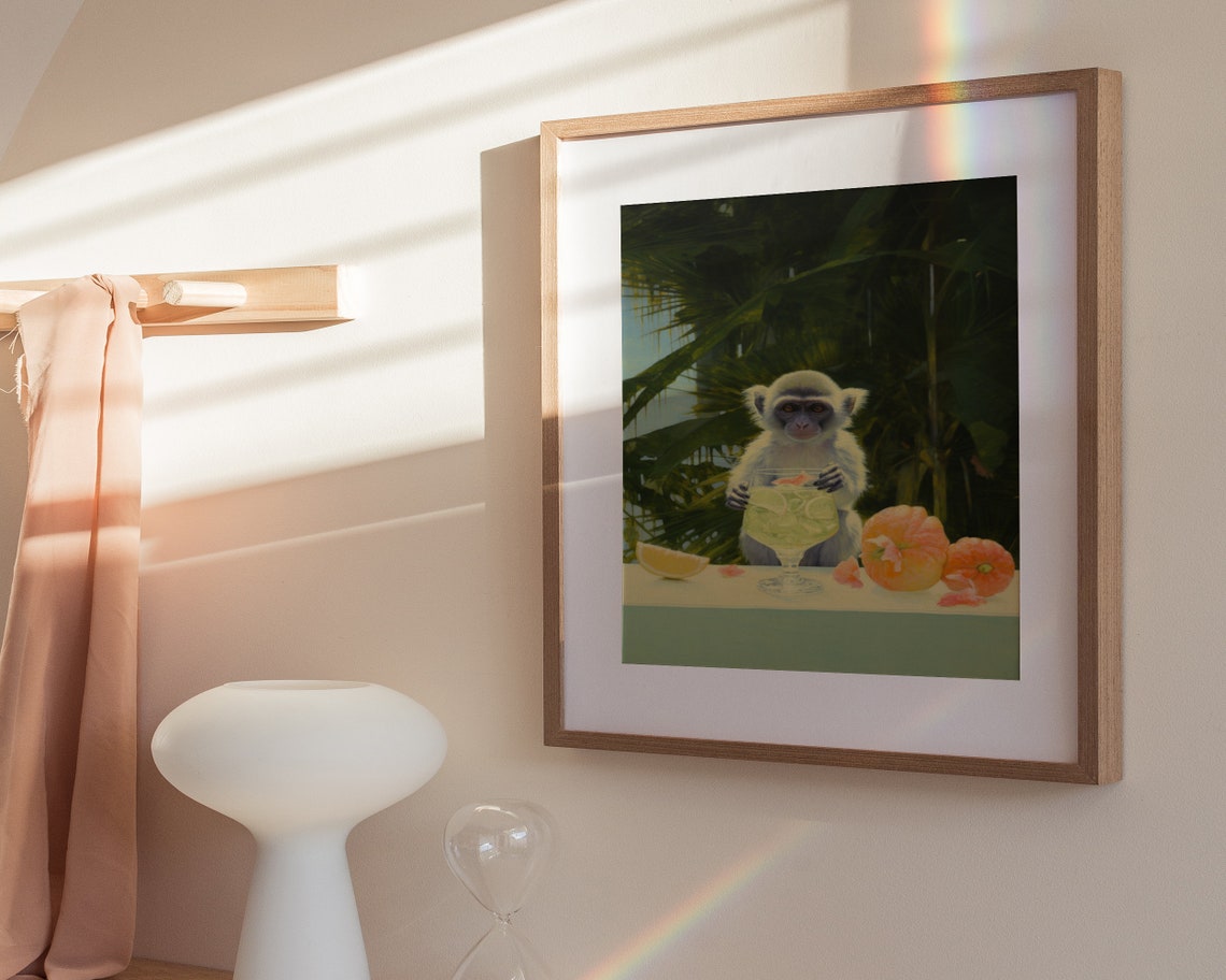 Monkey Cocktail Print Monkey Gentleman Print Retro Wall Art Cute Preppy Apartment Wall Art Wall Art - Image 3