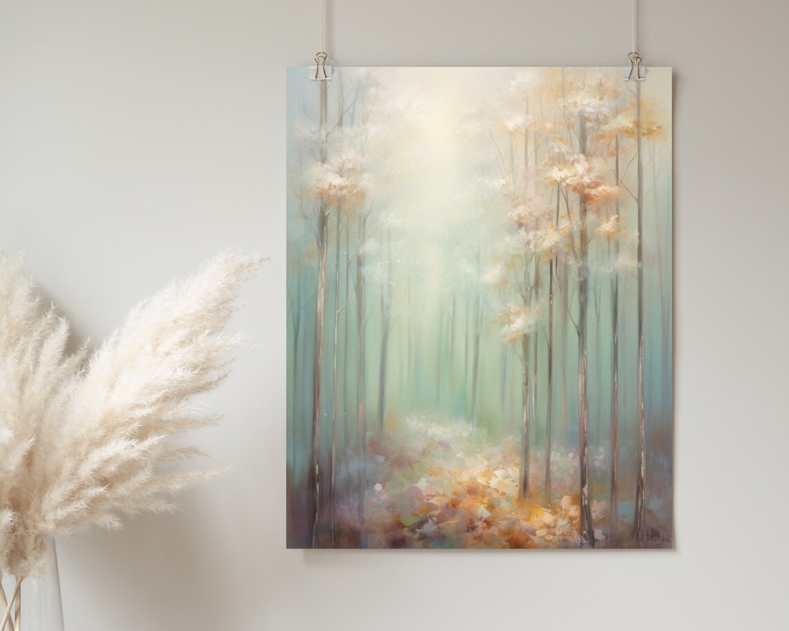 Golden Morning Light Forest Tall Trees Soft Landscape Poster - Image 2
