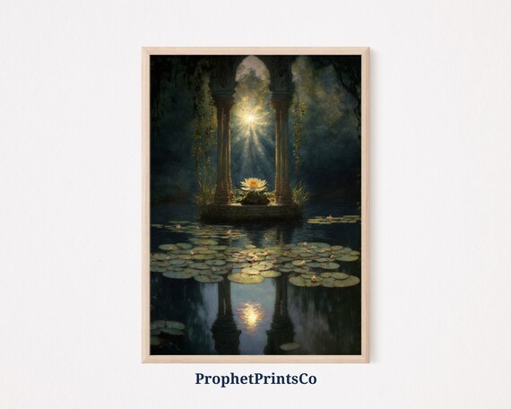 Mystical Lotus Shrine Between Ancient Columns at Dawn Poster