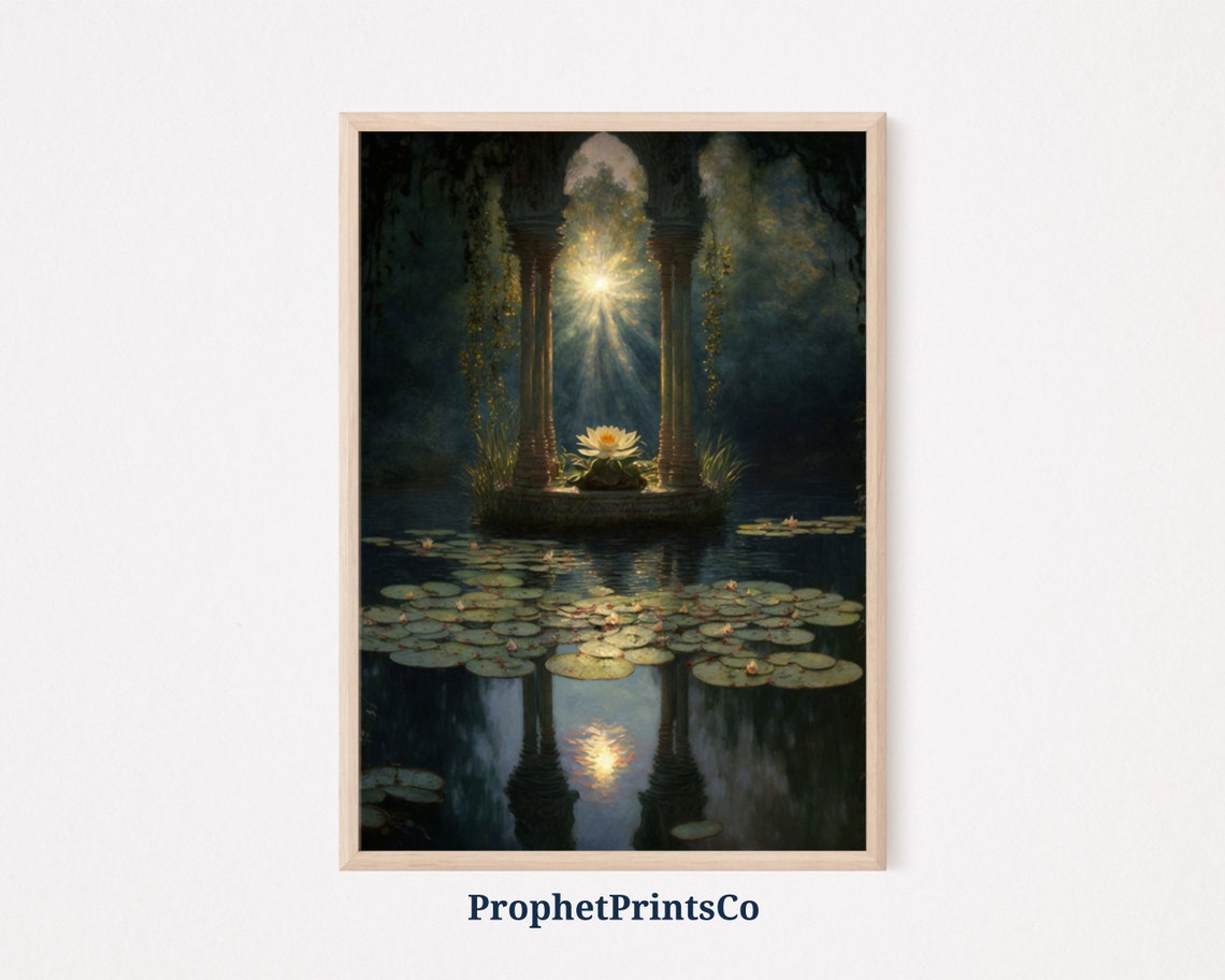 Mystical Lotus Shrine Between Ancient Columns at Dawn Poster