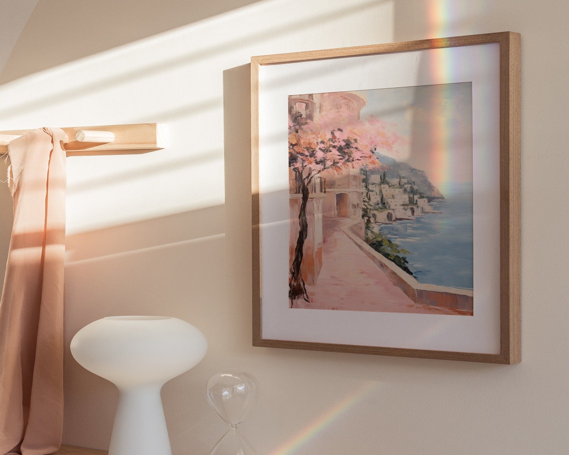 Amalfi Coast Pink Blossom Tree Seaside Walkway Painting Poster - Image 3
