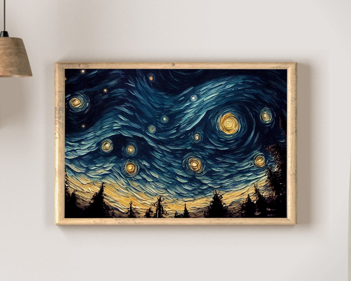 Starry Night Forest Silhouette Van Gogh Style Swirling Sky Poster - Image 2