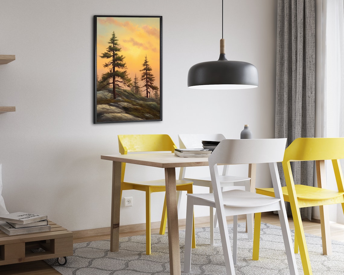 Golden Sunset Pines Oil Painting Rocky Ridge Evergreen Trees Poster - Image 2