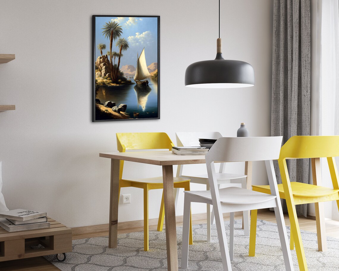 Nile Felucca Sailboat Calm Water Palm Island Mountain Poster - Image 2