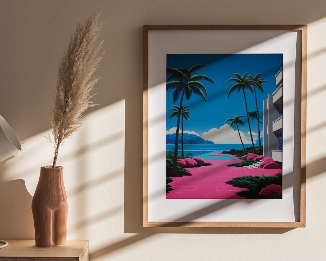 Poolside Palm Trees Pink Patio Japanese City Pop Retro Art Poster - Image 4