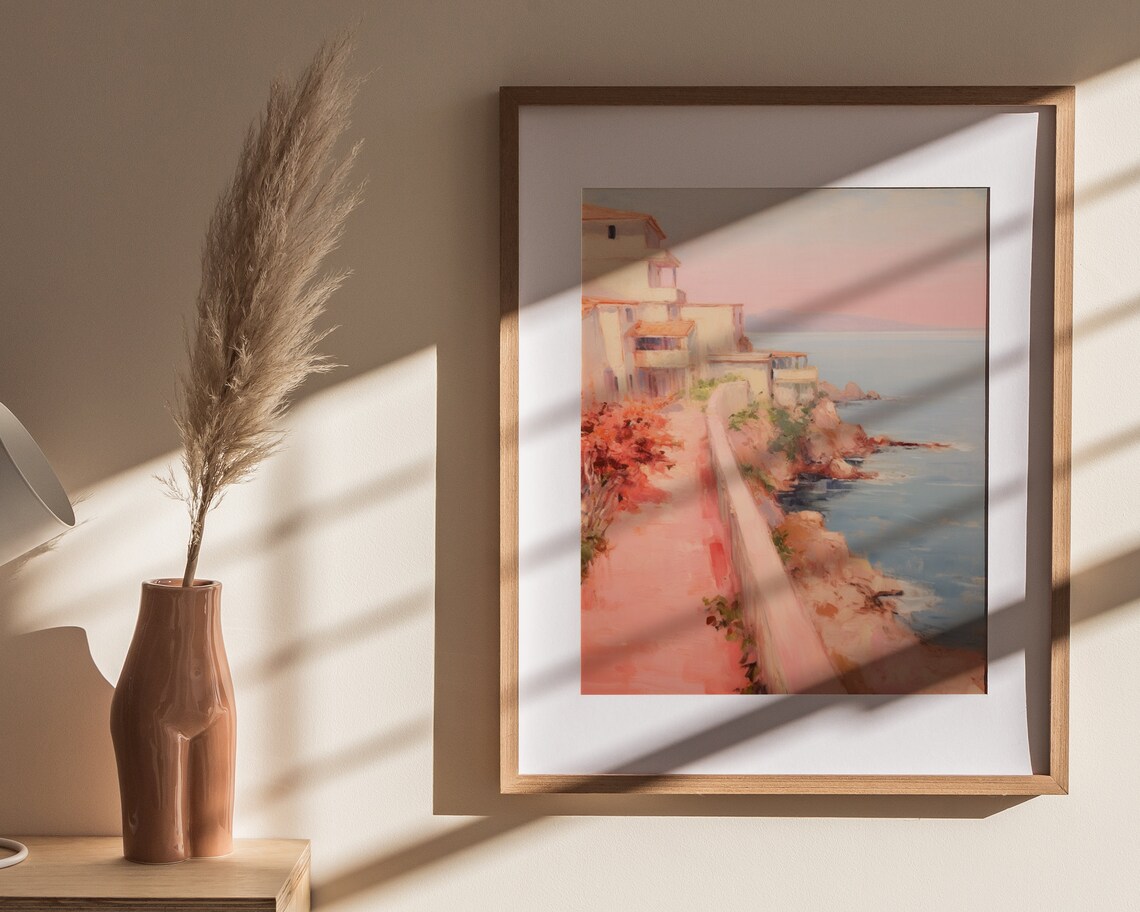 Coastal Cliffside Village Sunset Walkway Oil Painting Poster - Image 4