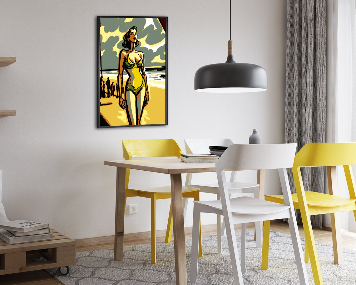 Woman In Yellow Swimsuit Walking On Beach Retro Pop Art Poster - Image 2