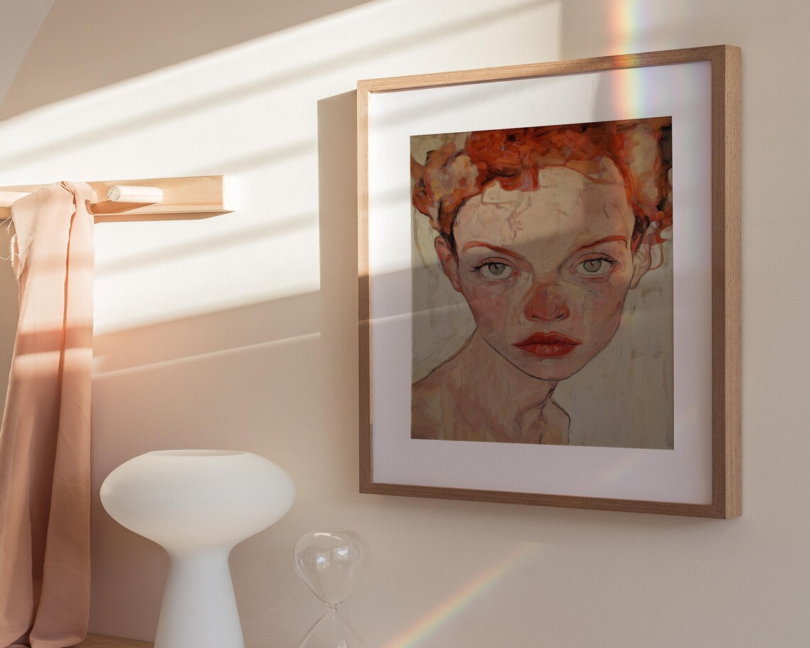 Redhead Female Portrait Green Eyes Red Lips Expressionist Art Poster - Image 3