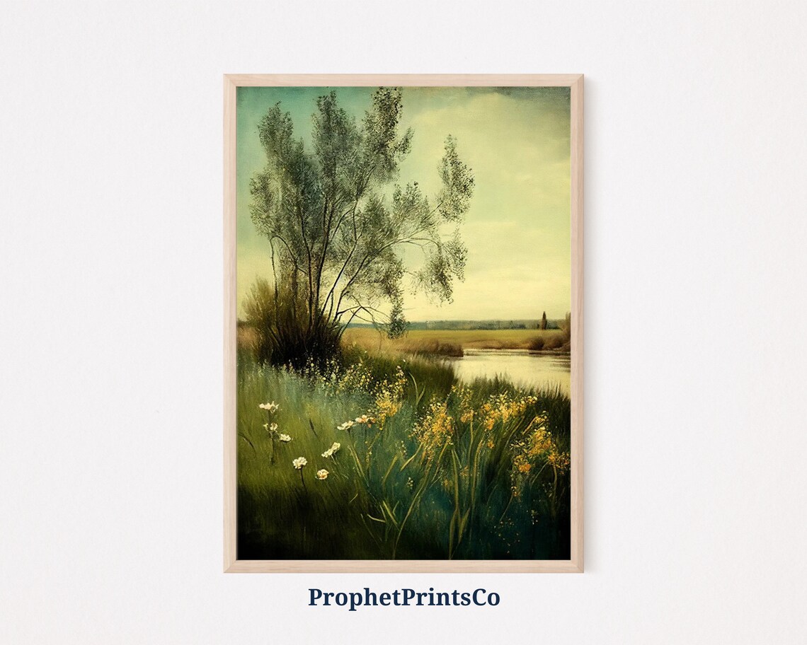 Riverside Meadow with Lone Tree Vintage Impressionist Art Poster