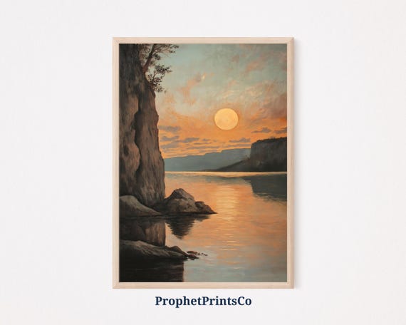 Sunset Over Cliffside Lake Poster Print Serene Landscape Art Nature Lover Gift Tranquil Home Dcor Wall Art