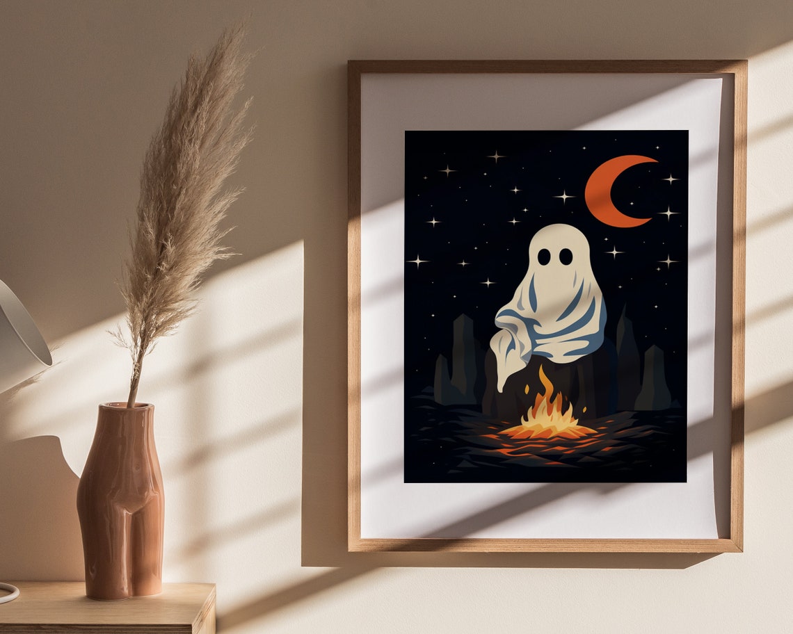 Cute Ghost Campfire Under Starry Night Moon Halloween Poster - Image 4