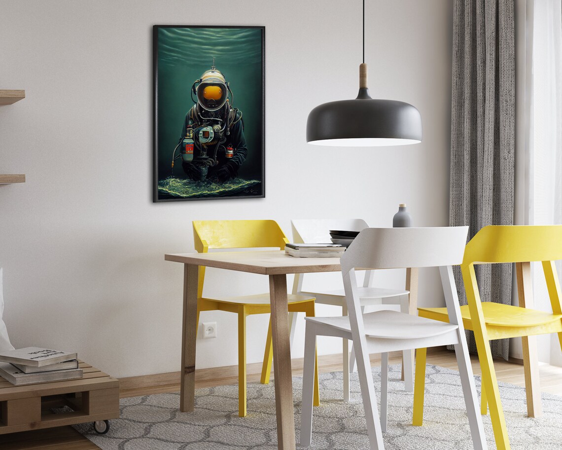 Vintage Deep Sea Diver Helmet Underwater Dark Ocean Oil Art Poster - Image 2