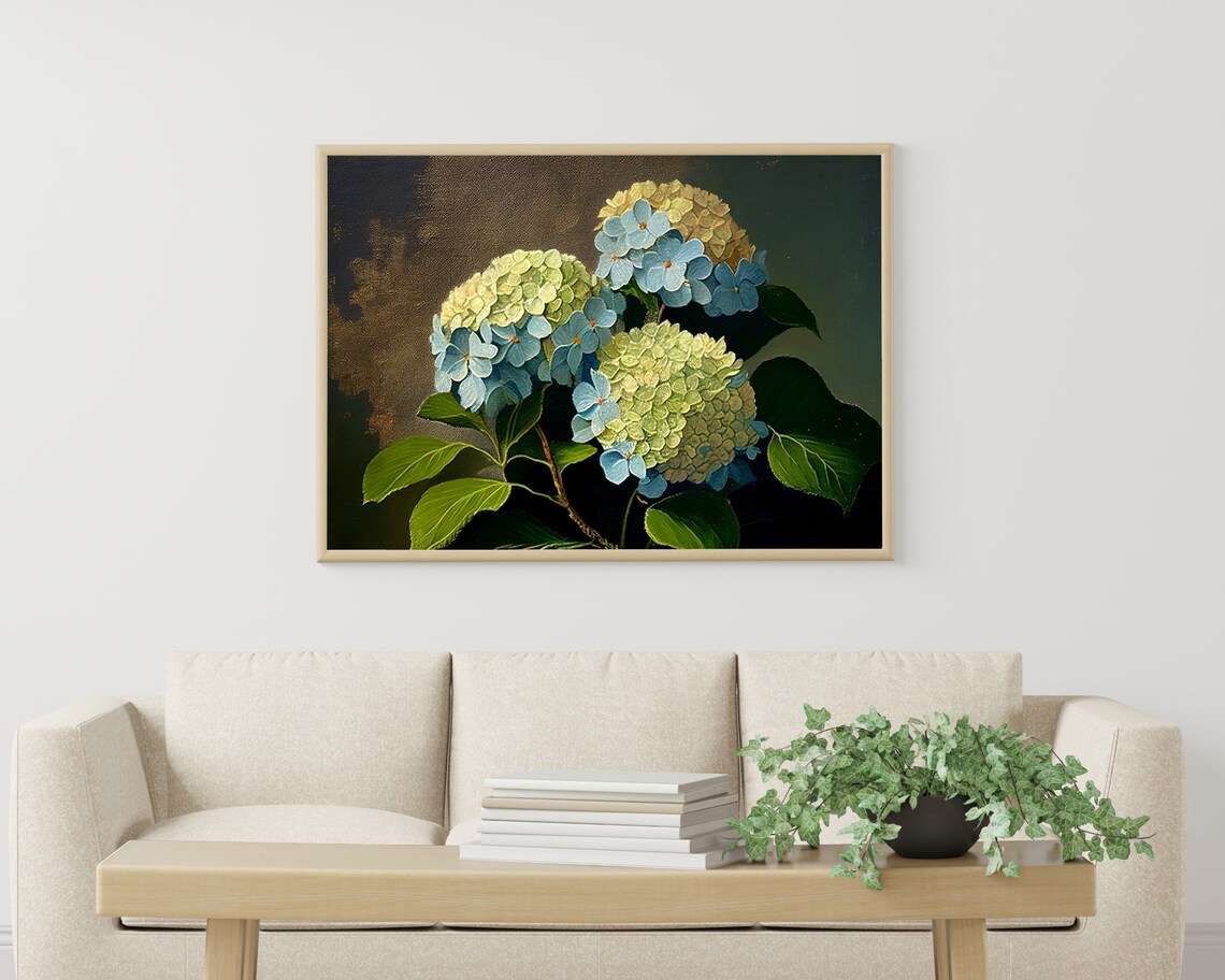 Blue Hydrangea Blooms on Dark Green Moody Botanical Art Poster - Image 3
