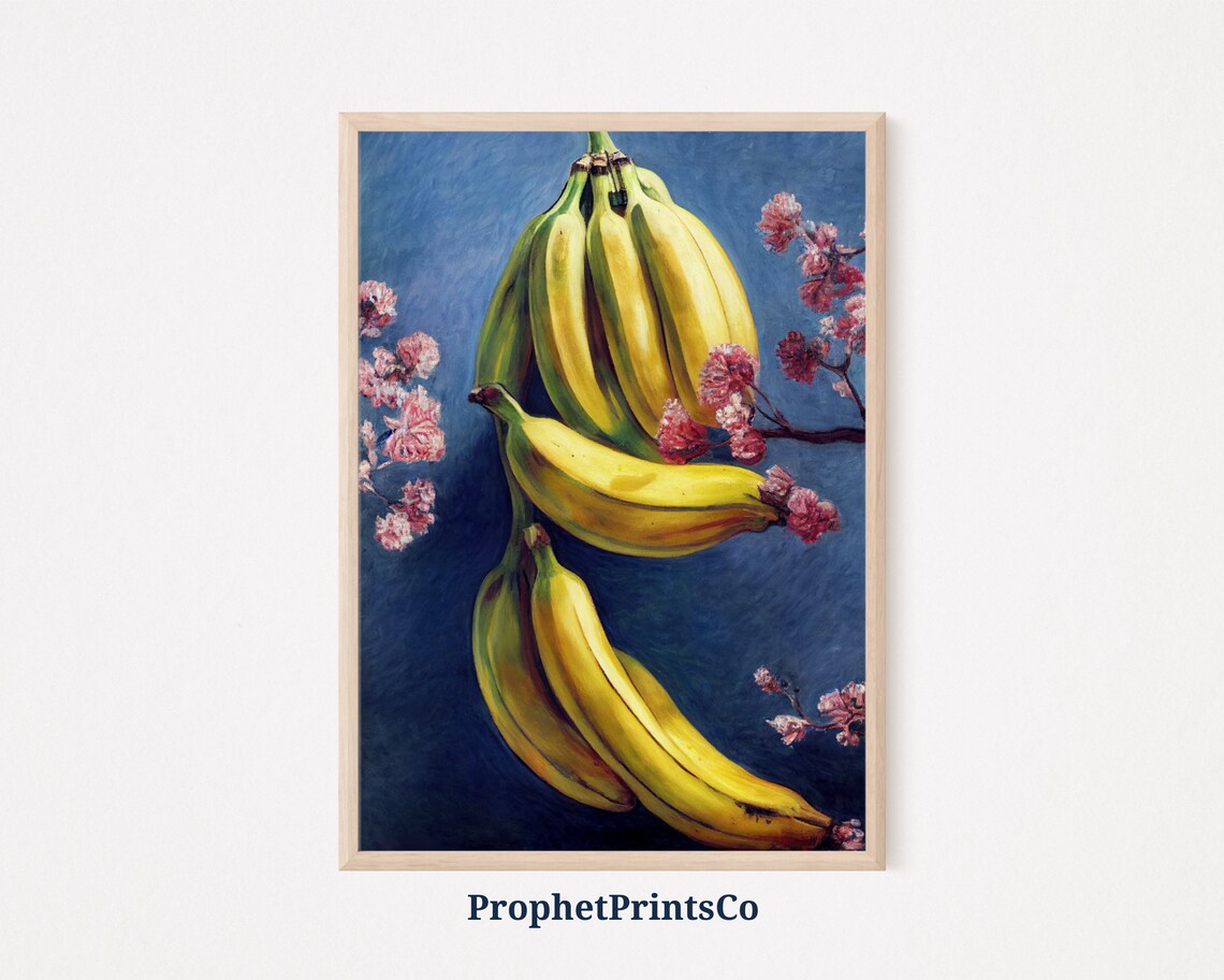 Bananas Cherry Blossom Blue Fruit Still Life Painting Kitchen Poster