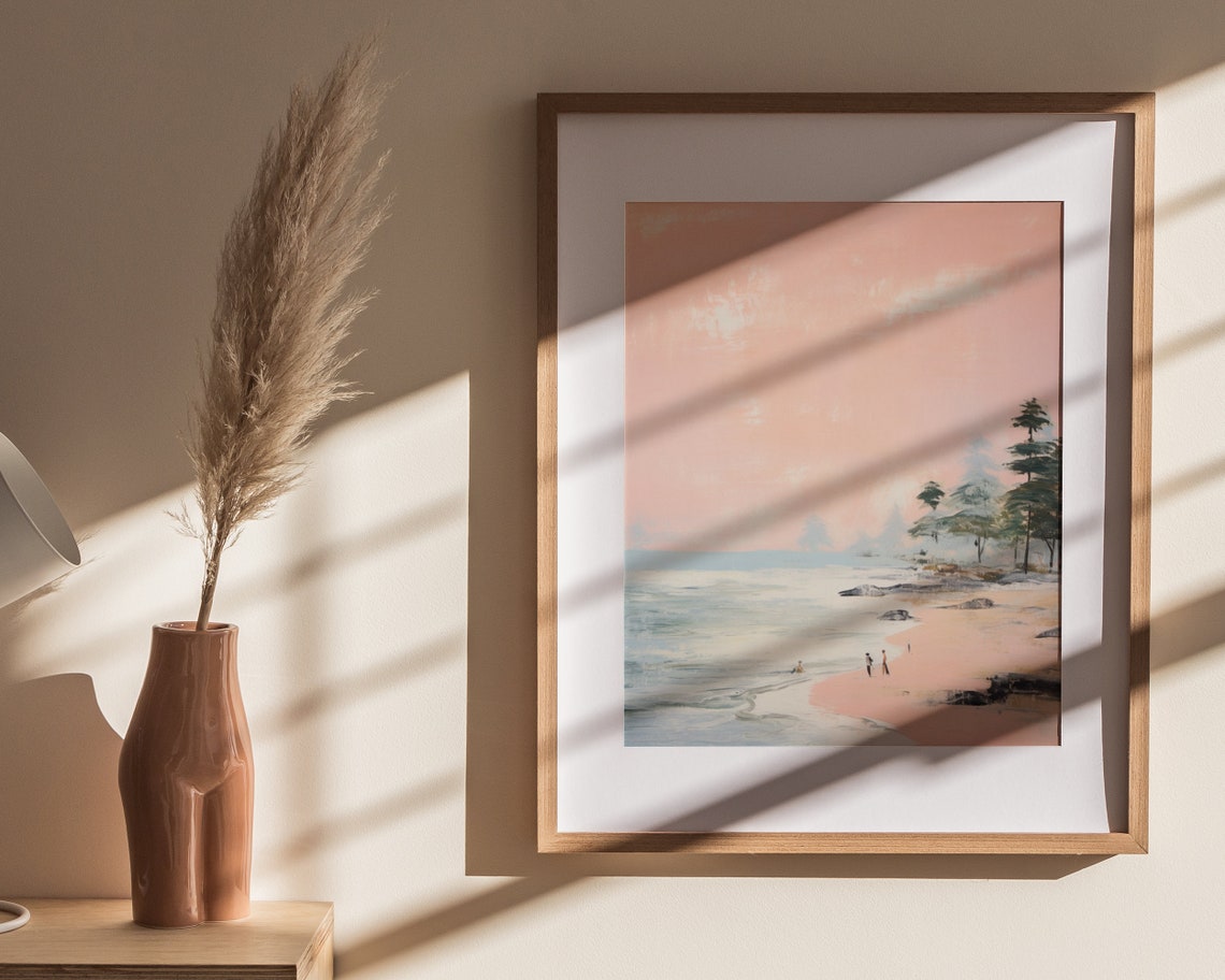 Serene Pink Beach Couple Strolling Pastel Coastal Sunset Art Poster - Image 4