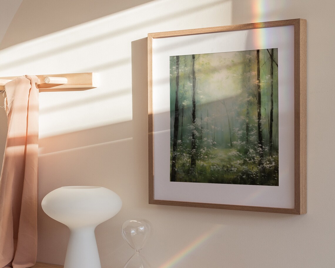 Sunlit Green Forest White Blossoms Misty Woodland Scene Poster - Image 3