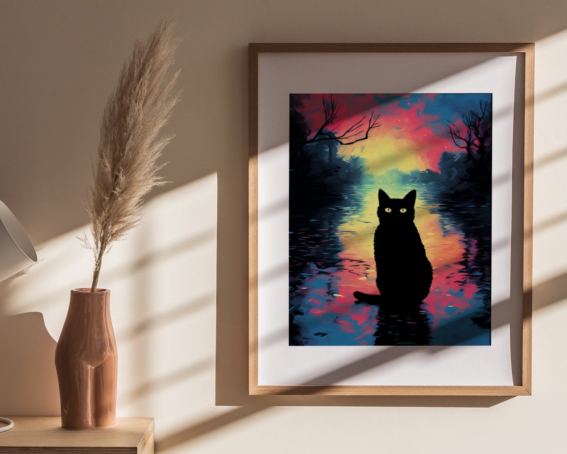Black Cat Silhouette Glowing Eyes Neon Sunset Lake Art Poster - Image 4