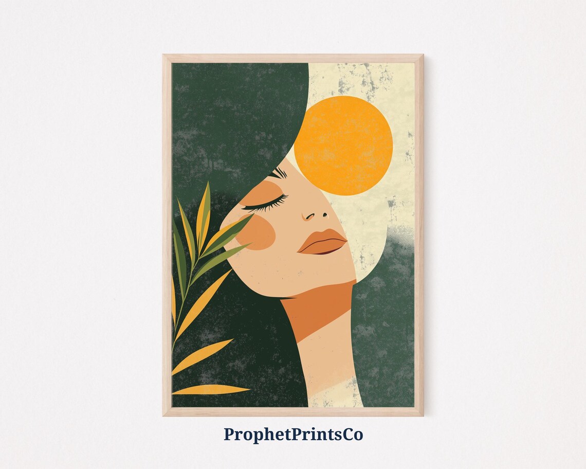 Sunlit Woman Profile Bold Colors Orange Sun Green Hair Modern Art Poster