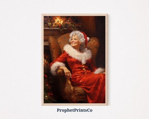 Mrs Claus Relaxing by the Fireplace Vintage Christmas Oil Painting Poster
