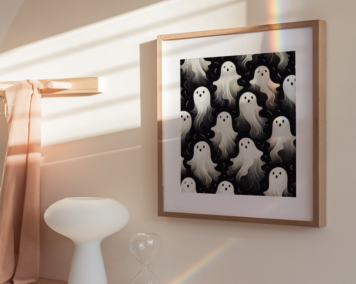 White Ghosts Floating Pattern On Black Cute Halloween Poster - Image 3