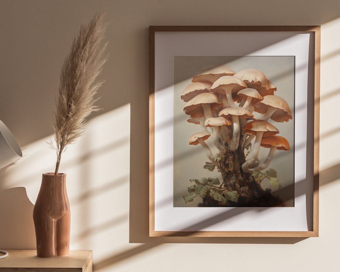 Cluster of Cream Mushrooms on Tree Stump Vintage Botanical Painting Poster - Image 4