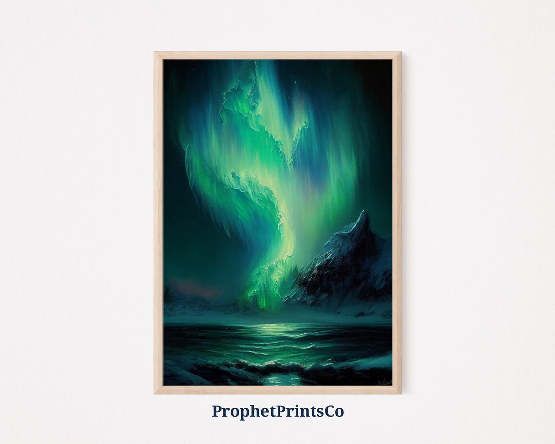 Green Aurora Swirling Over a Dark Ocean and Rugged Mountain Poster