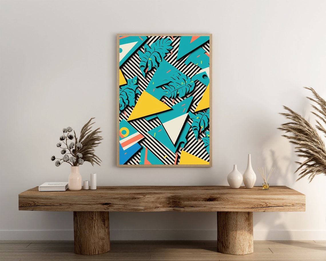 80s Memphis Style Teal Leaves and Bold Triangles Pattern Retro Print - Image 3