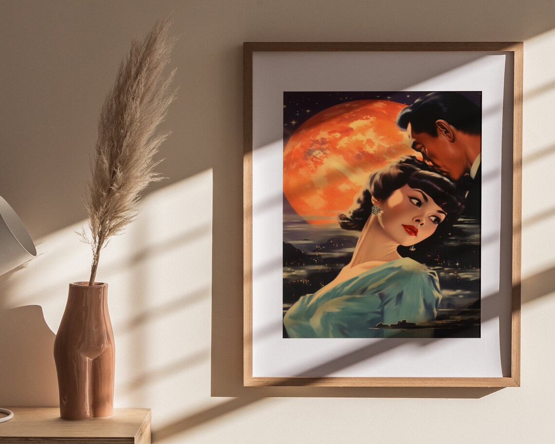 Retro Japanese Romance Couple Under Giant Red Moon Art Poster - Image 4
