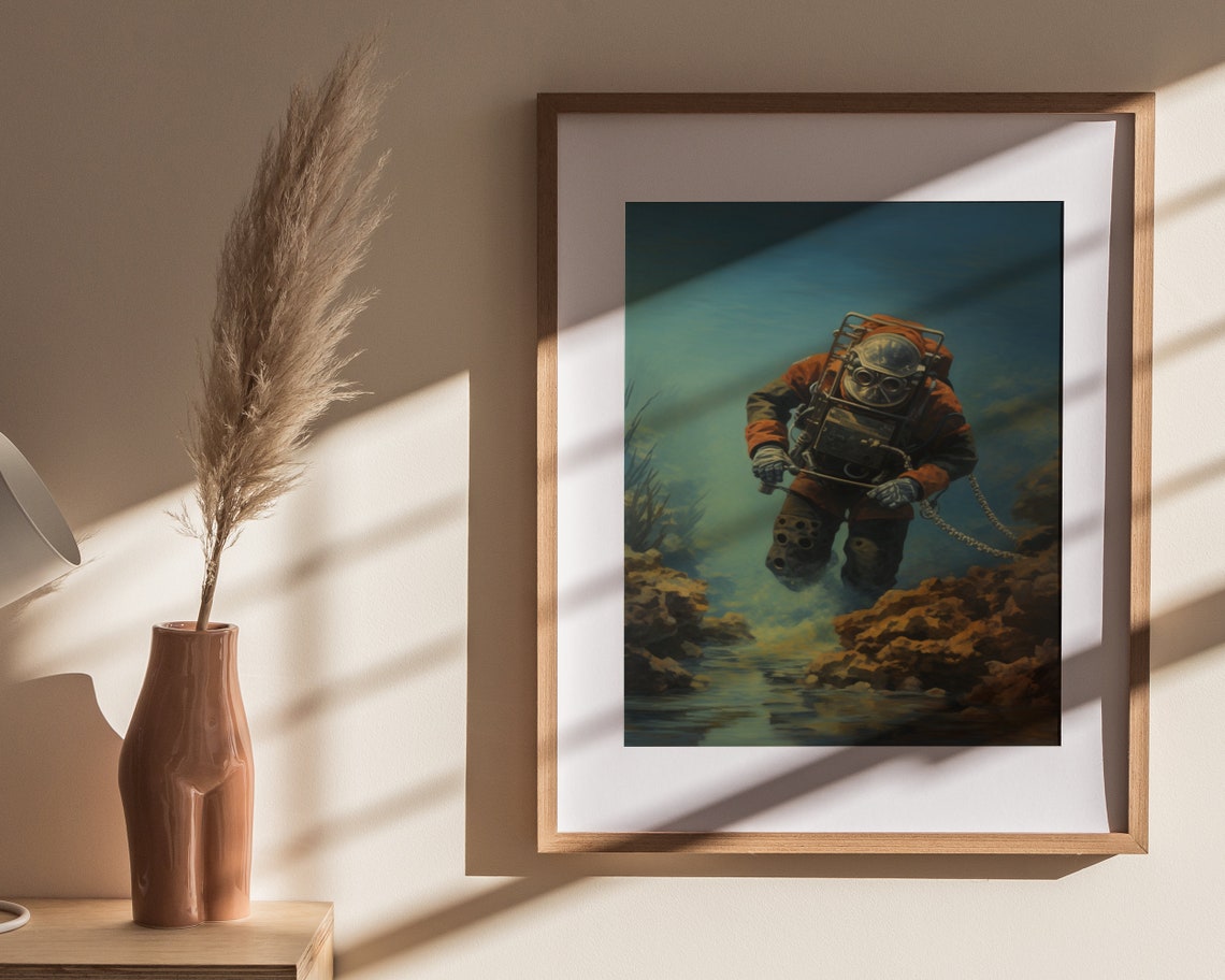 Vintage Deep Sea Diver Descending Ocean Floor Painting Poster - Image 4