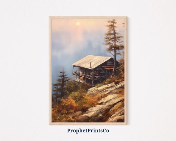 Soft Tonal Log Cabin Oil Painting Rustic Wall Art Old Log Cabin Aesthetic Forest Home Decor Wall Art