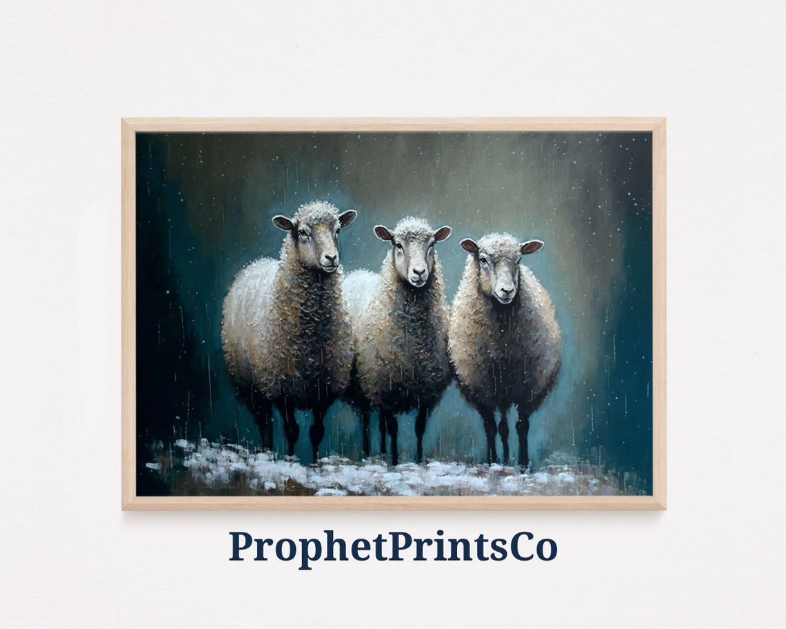 Three Sheep in the Rain Moody Painterly Farmhouse Art Poster