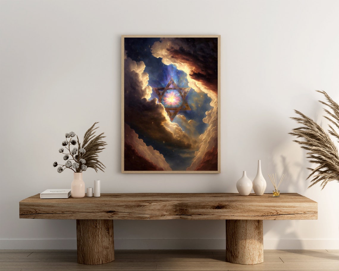 Celestial Star of David With Cosmic Light Burst in Clouds Poster - Image 3