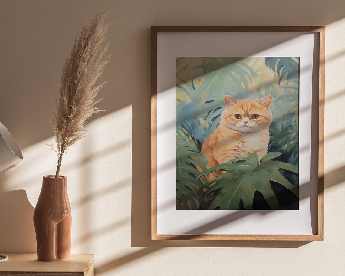Ginger Cat Peeking Through Tropical Leaves Vintage Jungle Feline Painting Poster - Image 4