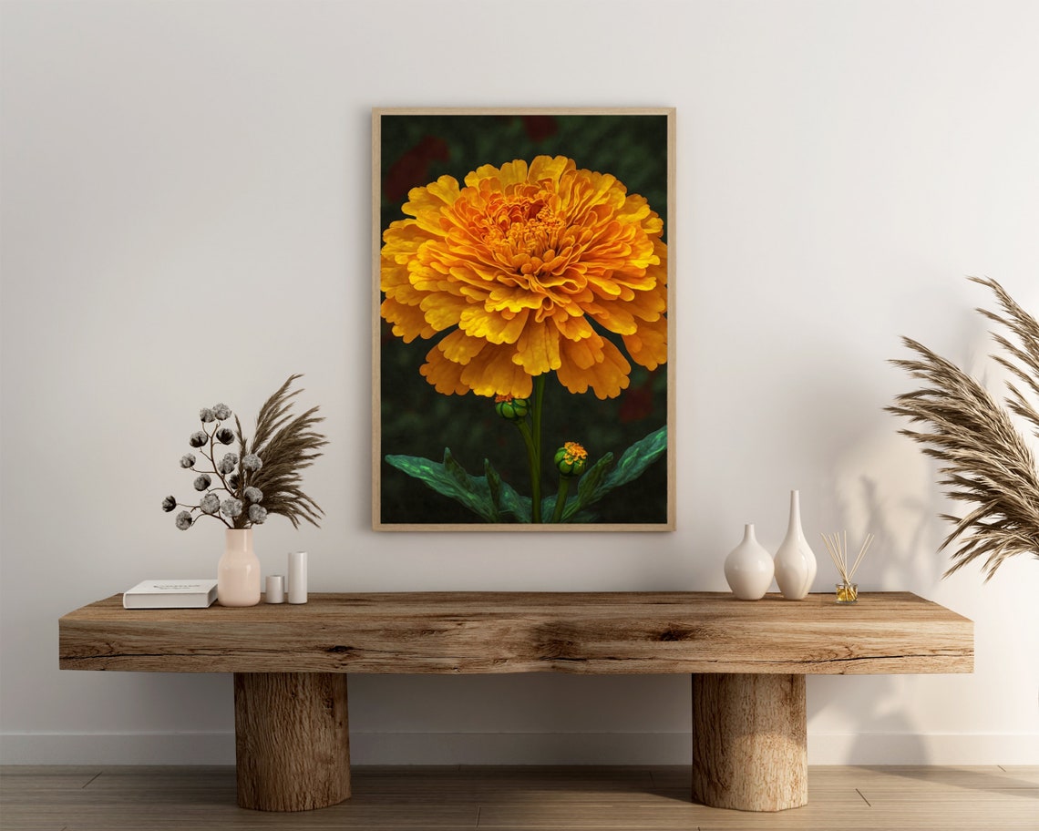 Bright Golden Marigold Bloom October Birth Flower Botanical Poster - Image 3