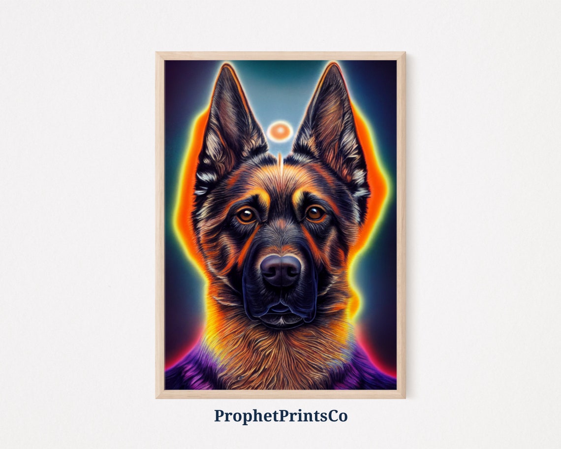 Neon Glow German Shepherd Dog Portrait Colorful Modern Poster