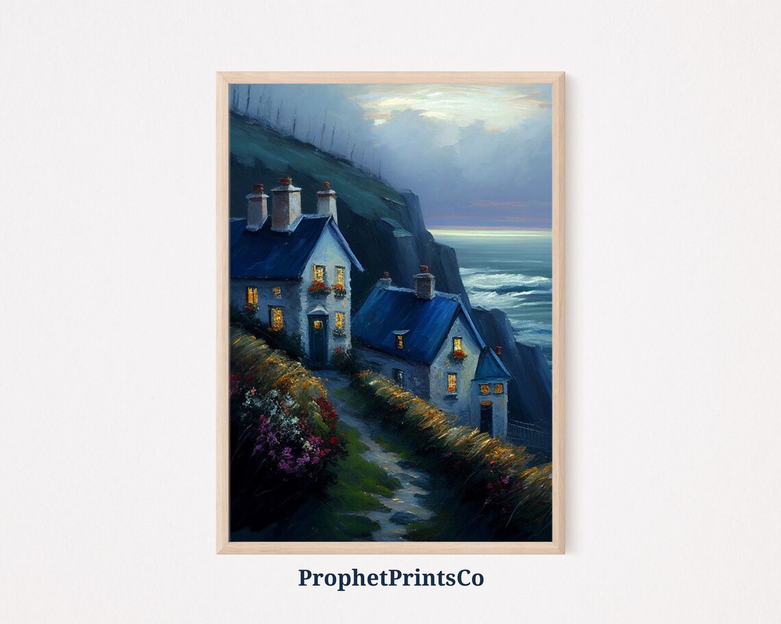 Cliffside Cottages with Glowing Windows at Dusk Oil Painting Poster