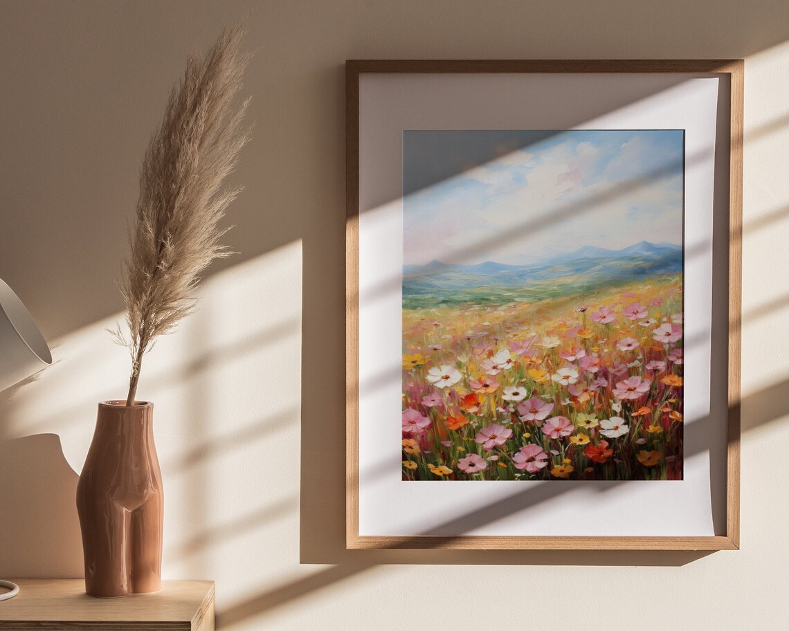 Colorful Cosmos Wildflower Field Mountain Landscape Art Poster - Image 4