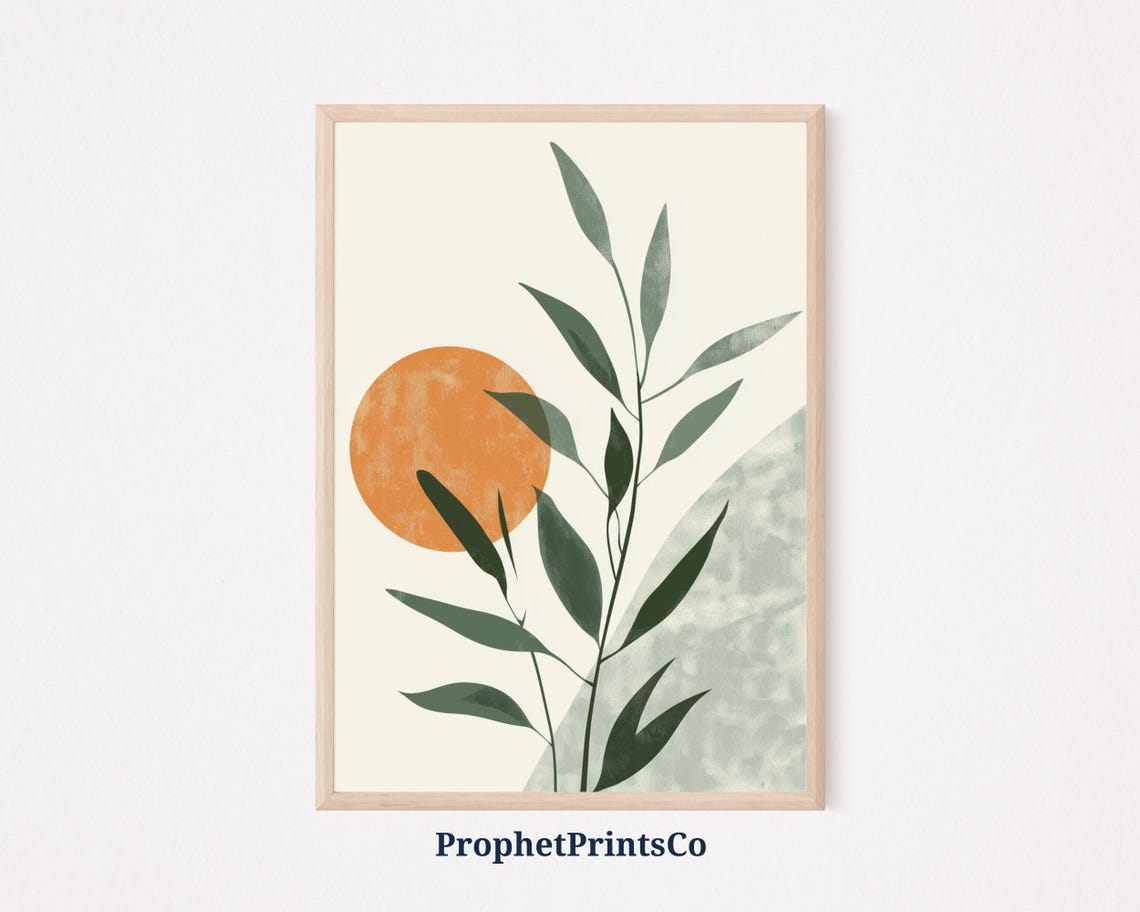 Abstract Botanical Sun Orange Circle Green Leaves Modern Poster