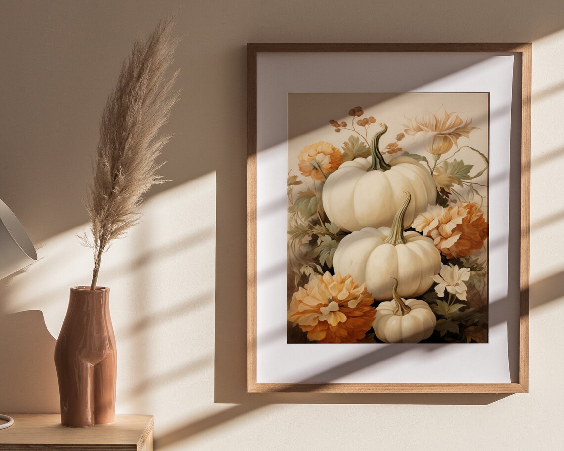 White Pumpkins With Autumn Flowers Muted Farmhouse Fall Art Poster - Image 4