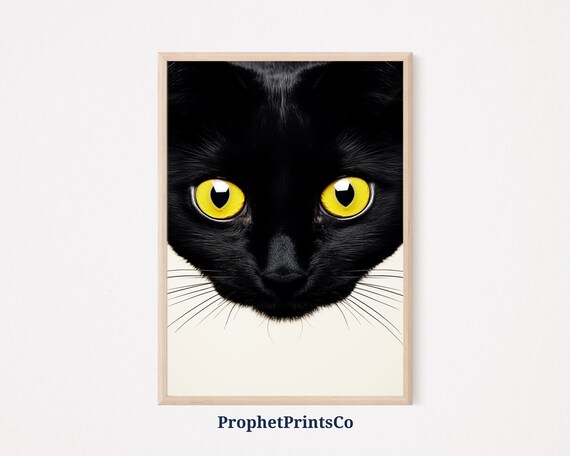 Funny Black Cat Face Yellow Eyes Minimalist Cream Art Poster